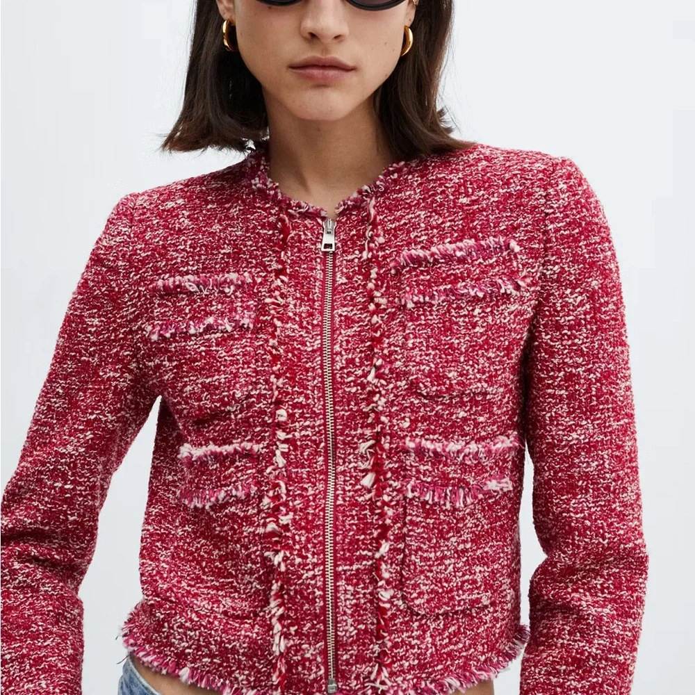 Mango Red Tweed Zip-Front Cropped Jacket - Picture 3 of 4
